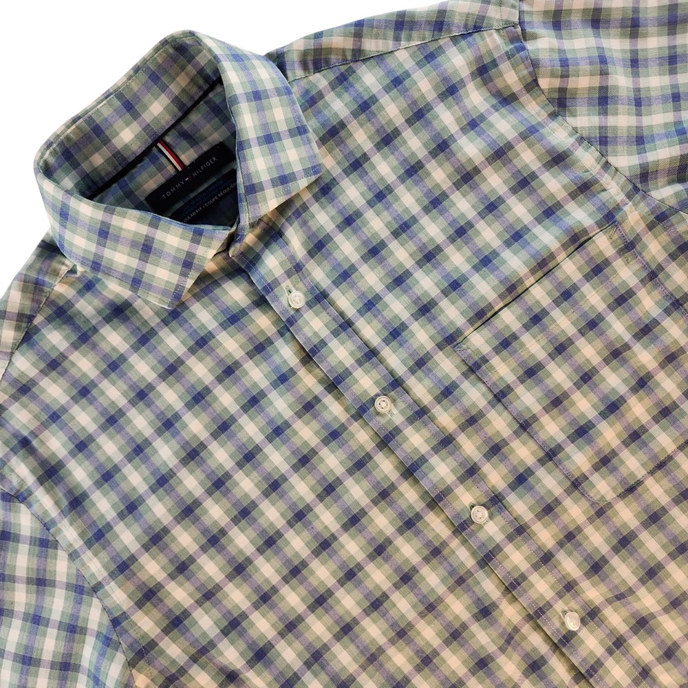Tommy Hilfiger Button Down Mens Medium Blue Green Plaid‎ Regular Stretch Cotton